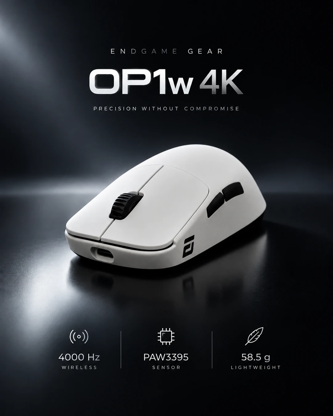 White OP1w 4K mouse in a dark studio, with Precision without compromise headline and wireless, sensor and weight specifications.