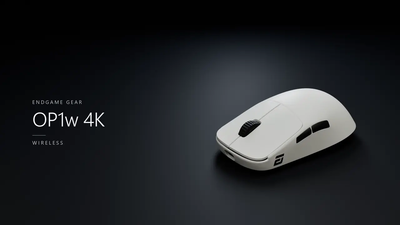 Endgame Gear OP1w 4K product visualization with a white mouse and closing product title